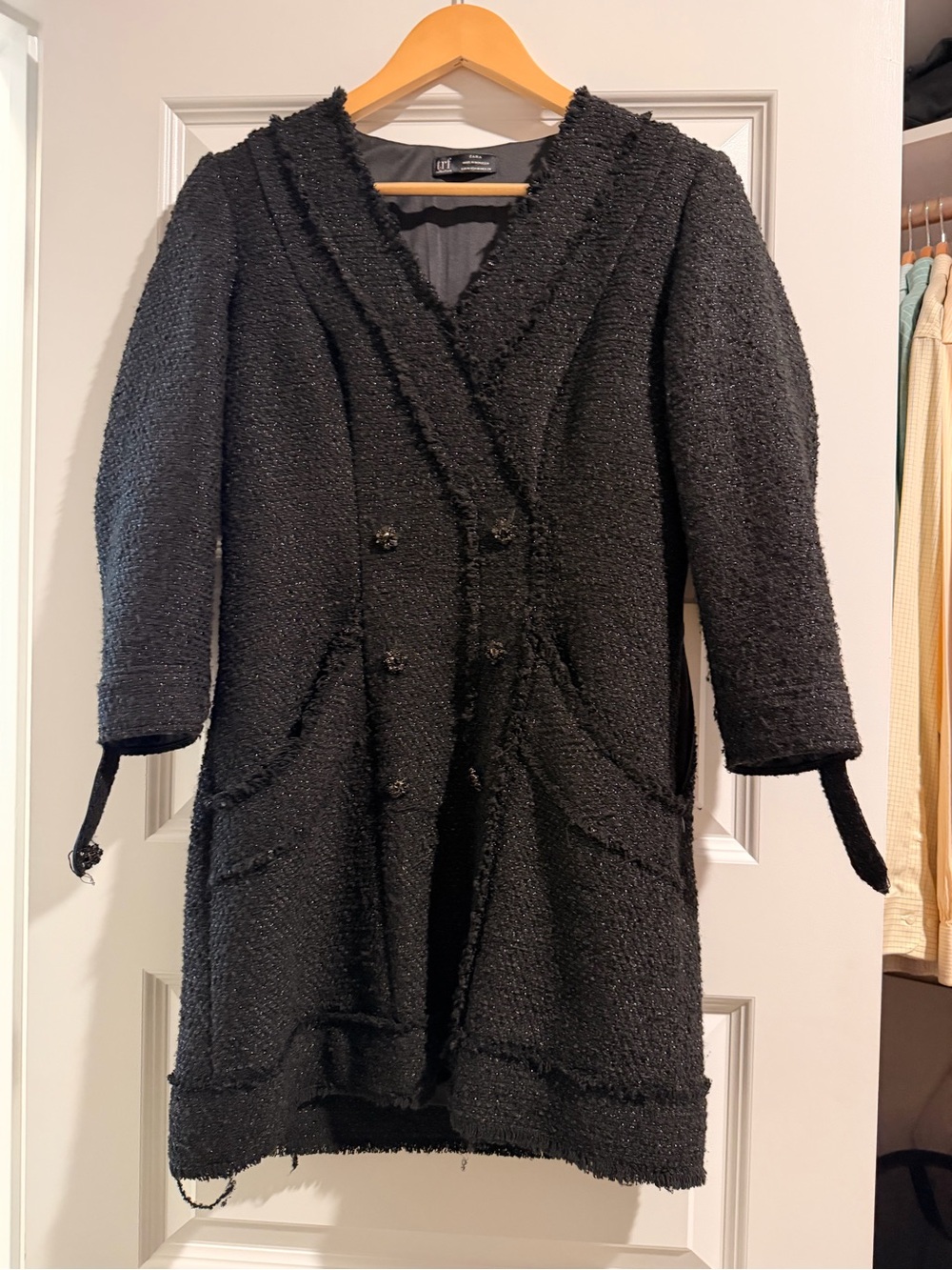 Zara Black Textured Double-Breasted Tweed Dress